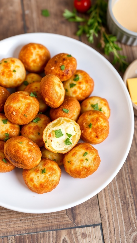 A plate of crispy cheese and herb snack bites, garnished with herbs, on a wooden table with dipping sauce.